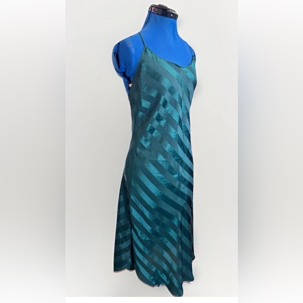 Vintage 90s Lingerie Cacique Emerald Shiny Striped Nightgown Slip Dress Small